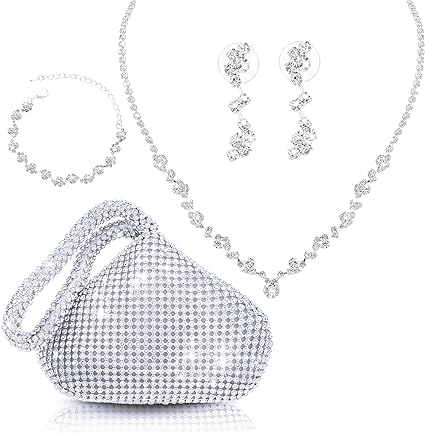 Bridal Wedding Jewelry Set Silver Clutch Purse Bag Rhinestone Evening Bag Necklace Earrings Bracelet for Women and Girl