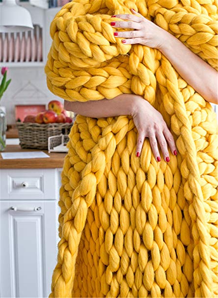 HomeModa Studio Yellow Chunky Knit Throw Blankets, Super Bulky Soft Warm Braid Knit Rug Couch Bed Lounge Home Decorator (Couch Throw: 100x120 cm)