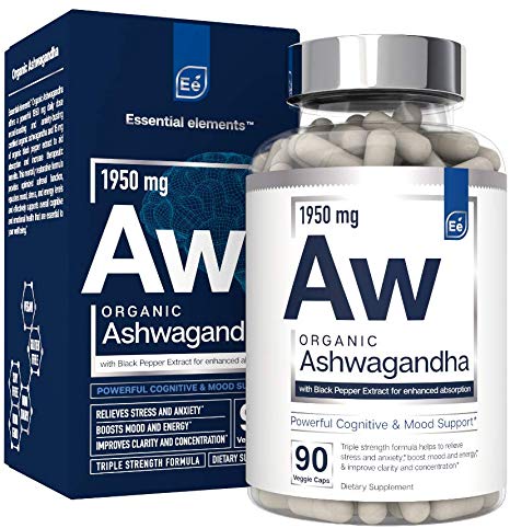 Organic Ashwagandha Root 1950mg with Organic Black Pepper Extract for Absorption | Essential Elements - Vegan