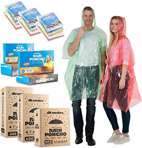 Wealers Rain Ponchos for Adults Teens Disposable Bulk Pack Emergency Raincoat Parks Outdoors Multi Colors Waterproof (Assorted, Case of 20)
