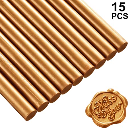 Nuanchu 15 Pieces Glue Gun Sealing Wax Sticks for Retro Vintage Wax Seal Stamp and Letter, Great for Wedding Invitations, Cards Envelopes, Snail Mails, Wine Packages, Gift Wrapping (Coffee Gold)