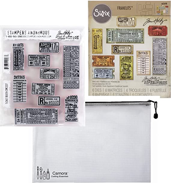 Tim Holtz Stampers Anonymous and Sizzix Ticket Booth Cling Stamp and Coordinating Sizzix Framelits Die Set Plus Carnora Storage Mesh Bag, 3 Item Bundle (CMS337, 662698)