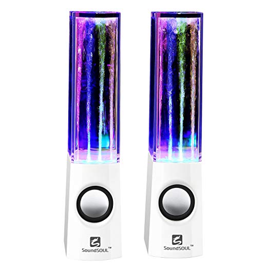 SoundSOUL Water Dancing Speakers Light Show Water Fountain Speakers LED Speakers (3.5mm Audio Plug, 4 Colored LED Lights, Portable Speakers) - White