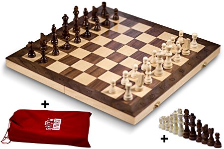 Smart Tactics 16" Folding Chess Set Made By FSC Certified Wood - Premium Edition With Chess Bag and Extra Chess Pieces