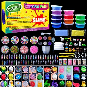 HSETIY Super Slime Kit Supplies-12 Crystal Clear Slimes with 54 Packs Glitter Sheet Jars, 3 Jelly Cubes,4 Pcs Fruit Slices,16 pcs Animals Beads, Foam Balls，5 Slime Containers with DIY Art Crafts