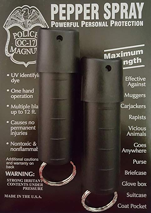 Police Magnum 2 Pepper Spray 1/2oz Black Spin Top Molded Keychain Self Defense Security Strength