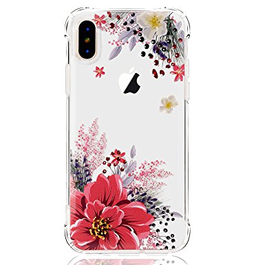 iPhone X Case,iPhone X Case with flowers, LUOLNH Slim Shockproof Clear Floral Pattern Soft Flexible TPU Back Cover case for iPhone X 2017 -Pink Peony