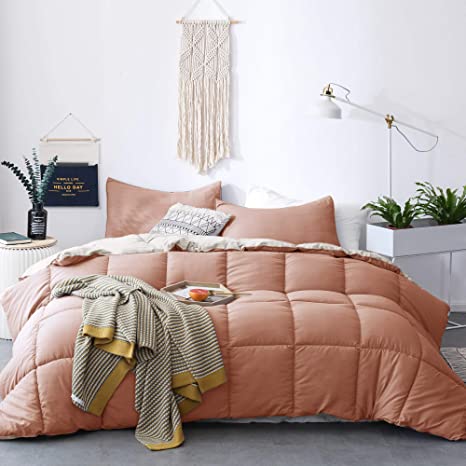 KASENTEX All Season Down Alternative Quilted Comforter Set - Hypoallergenic Duvet Insert - Machine Washable (Rose/Beige, Twin Set)