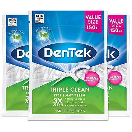 DENTEK TRIPLE CLEAN Floss Picks Extra Strong Scrubbing - 150 ct (Mouthwash Blast) (3-Pack)