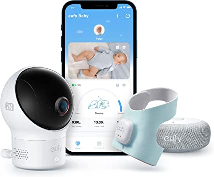 eufy Baby S340 Smart Sock, Smart Baby Monitor, Track Sleep Patterns and Heart Rate, 2K Resolution Camera, Pan & Tilt, Use for 24 Hours, Soft and Comfortable, For Babies 0-18 Months