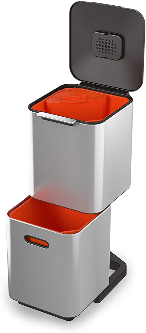 Joseph Joseph Totem Compact 40 Litre Waste Separation and Recycling Bin, Stainless Steel