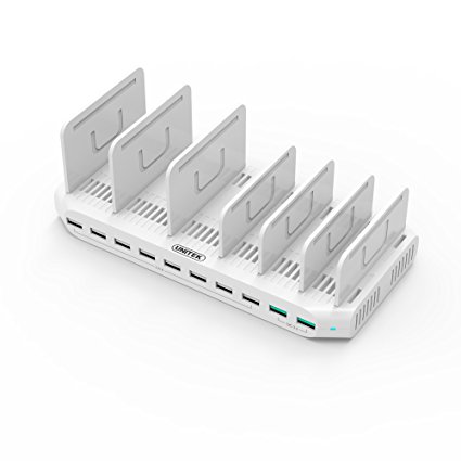 [Upgraded Divider] UNITEK 96W/2.4A 10-Port USB Charging Station with Quick Charge 3.0 (Quick Charge 2.0 Compatible) for Multiple Device, Charging 8 iPads Simultaneously (White)