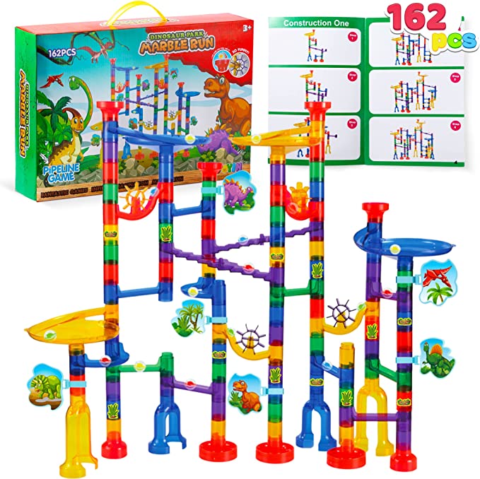 JOYIN Dinosaur Theme Marble Run Set, 162Pcs Kids Marble Race Game, Building Marble Tower Track Work Toy, STEM Educational Blocks Toy (112 Plastic Pieces   50 Glass Marbles)