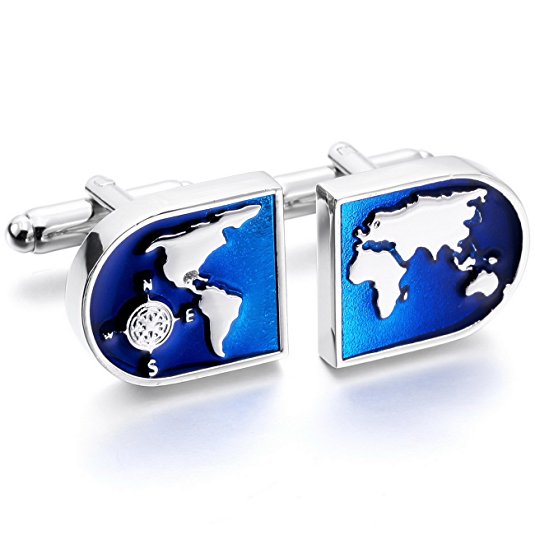 MOWOM Silver Tone Blue 2PCS Rhodium Plated Cufflinks World Map Shirt Wedding Business
