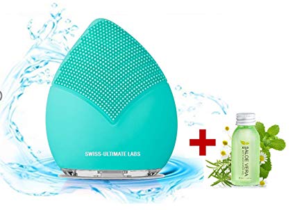 Swiss-Ultimate Labs Sonic Leaf 3-in-1 Facial Cleansing Brush for Healthy Skin, Exfoliator, Invigorating Massage, Blackheads, Microdermabrasion w/Bonus Herbal Face Wash Sample (Turquoise)