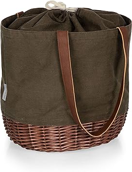 Picnic TIME Coronado Canvas and Willow Basket Tote, Picnic Tote Bag, Beach Tote, (Khaki Green with Beige Accents)