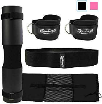 Gymletics 7 Pack Barbell Squat Pad for Standard Set, Barbell Pad for Hip Thrusts, 2 Gym Ankle Straps, Hip Exercise Band, 2 Squat Pad Safety Straps and Carry Bag