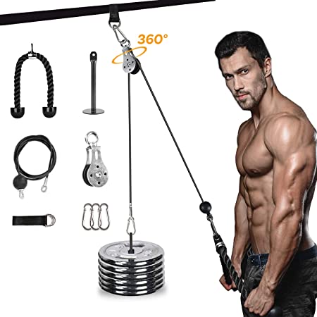 omotor Pulley Cable Machine System with Loading Pin Triceps Strap Muscle Strength Fitness Pulley System Gym Equipment Forearm Wrist Roller Trainer for Pulldowns, Biceps Curl, Triceps Extensions