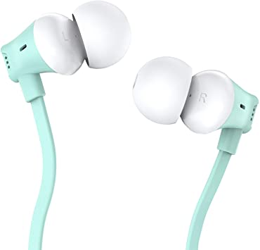 Earbuds, VOGEK Tangle-Free Flat Cord Ergonomic in-Ear Headphones with Dynamic Crystal Clear Sound, Earphones with S/M/L Eartips Compatible with Samsung, Android Phone and More (Green)