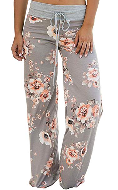 Angashion Women's High Waist Casual Floral Print Drawstring Wide Leg Pants