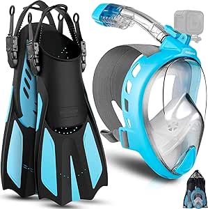 Odoland Snorkeling Package Set, Snorkeling Gear for Adults with Full Face Snorkel Mask Camera Mount, Adjustable Swim Fins, Mesh Bag, Anti-Fog Anti-Leak Scuba Gear for Men Women