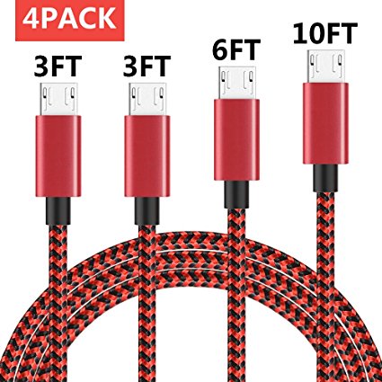Micro USB Cable, Royu 4PACK 3FT 3FT 6FT 10FT Premium Nylon Braided Charger Fast USB Charging Cables Android Charging Cord for Samsung Galaxy S7 Edge/S6/S5/S4,Note 5/4/3, Kindle, HTC,LG,Nexus, Sony, Xbox, PS4, Smartphones,Tablet and More