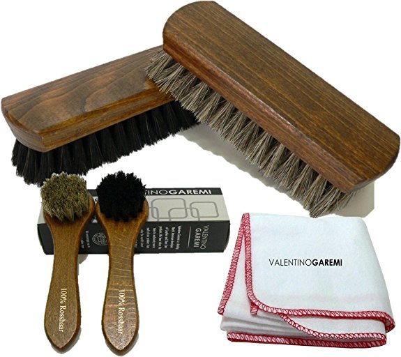 Shoe Care Brush Set 2 Polishing Brushes 1 Cloth 2 Applicators Brush Genuine Horsehair Made in Germany by Valentino Garemi