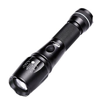 Hausbell T6-D LED Flashlight Torch Adjustable Focus Zoomable Tactical Light with Bottle Opener and Luminous Ring (Black)