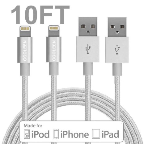 Lightning Cable, GOOLEEN 2Pack 10FT Nylon Braided Extra Long 8pin USB Sync Charger Cables Charging Cord For Apple iPhone SE/6/6 Plus/6s/6s Plus/5/5c/5s, iPad Mini/Air, iPod Nan/Touch - Silver