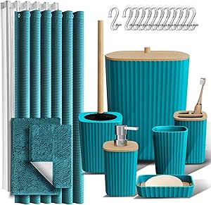 Clara Clark Bathroom Accessories Set - Teal Bathroom Set, Bathroom Sets with Shower Curtain and Rugs, 22PC Shower Curtain Set with Bathroom Trash Can