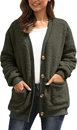 For G and PL Women's Long Sleeve Button Front Fleece Cardigan with Pockets