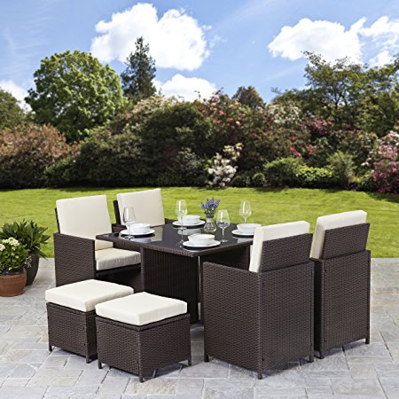Rattan Cube Garden Furniture Set 8 seater outdoor wicker 9pcs (Brown)
