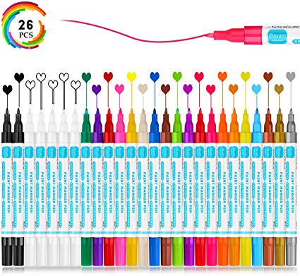 Acrylic Paint Pens Acrylic Paint Markers 26-Pack for Rocks Wood Stones Painting Glass Porcelain Fabric Metal Ceramic Mugs, Exra Fine Point, Include 5 White Paint Pen, 2 Black & 3 Metallic Paint Pens