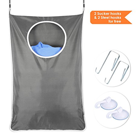 BESEGO Door-Hanging Laundry Hamper Bag with Free 2 PCs Adjustable Stainless Steel Door Hooks and 2 PCs Suction Cup Hooks, Best Choice for Holding Dirty Clothes and Saving Space (Grey)