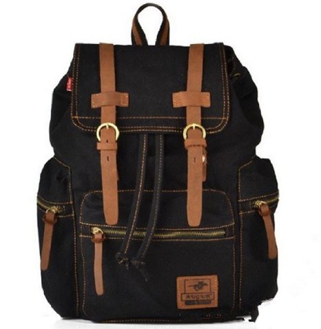 Mona Vintage Retro Canvas And PU leather Backpack School Bag School College Laptop Bag iPad Rucksack Travelling Bag Adjustable Shoulder Straps Fit For Camping And Outdoor Activities Durable Practical Black In Color Brown Straps