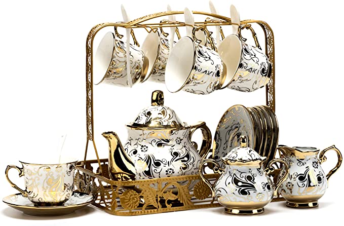 HAYC 15 pieces of European-style ceramic tea set Set, bone china tea cup Set, tea set, porcelain cup, adult tea set Set metal bracket (Gold)