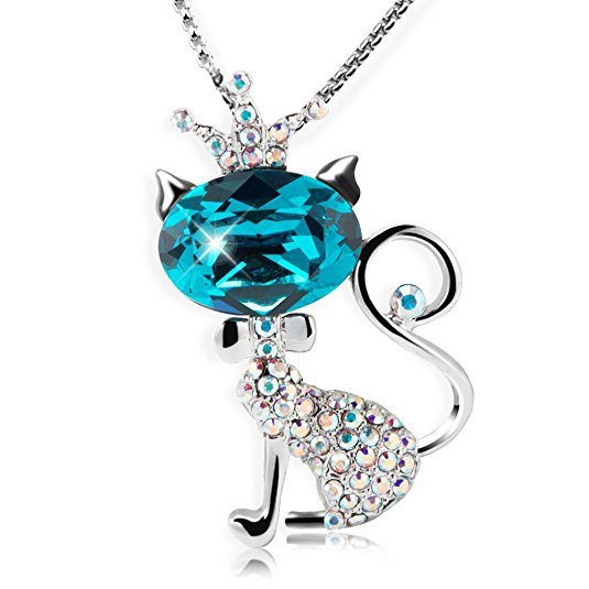LadyRosian“Cat Princess”Cute Fashion Love Necklace Made with Blue Swarovski Crystals Women&Girl Jewelry Gifts