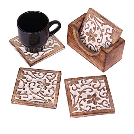 Wooden Set of 6 Square Coasters for Drink Tea Coffee Beer Wine Glass with Coaster Holder Handmade Floral Motif White Distressed Barware Coasters Home Decor