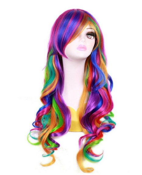 Women/ girls/ladies 27'' Long Rainbow Big Wavy Ombre Spring Bouquet Cosplay Party Wig Harajuku Style Lolita Spiral Colorful Heat Resistant Hair Wig