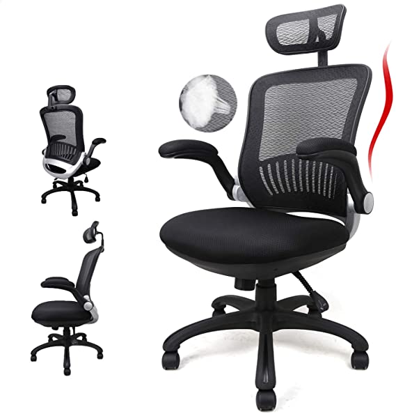 Home Office Desk Chair, Ergonomic Mesh High Back Computer Recline Chair, Height Adjustable with Flip-up Arms and Adjustable Headrest,Swivel Executive Conference Task Rolling Chair. (Black)