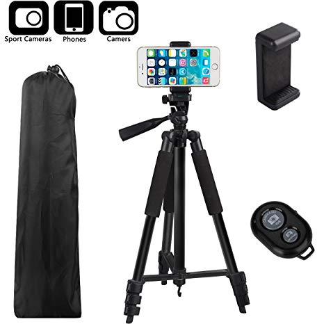 BestTrendy 42-inch Portable Aluminum Camera Tripod, Lightweight Travel Cellphone Mount Stand with Bag, Bluetooth Remote Control for DSLR Cameras, iPhone, Samsung, Gopro (Black)