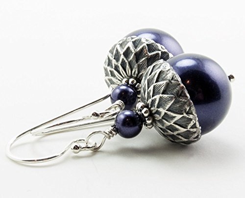 Acorn Earrings made with Dark Purple Simulated Pearls from Swarovski, Sterling Silver Earwires