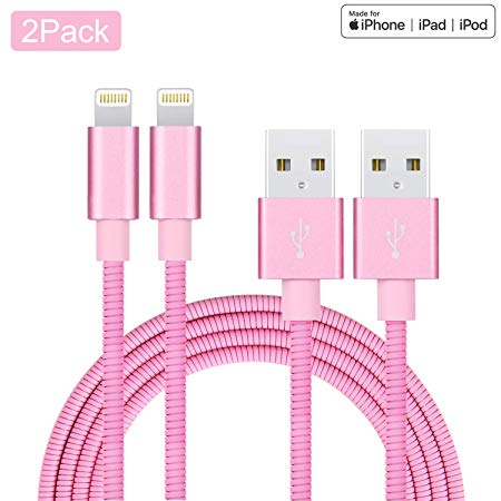 Metzonic Apple MFi Certified iPhone Charger 2 Pack 3.3Feet Metal Stainless Steel Braided USB Charging Cable High Speed Connector Data Sync Transfer Cord Compatible with iPhone/iPad (Pink 3.3 ft)