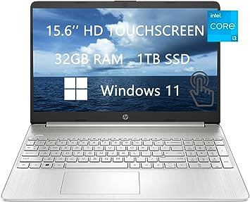 HP 2023 Newest Upgraded Touch-Screen Laptops, 15.6 inch HD Computer, Intel Core i3-1115G4(2-Core), 32GB RAM, 1TB SSD, Wi-Fi, HDMI, Webcam, Windows 11, ROKC HDMI Cable, Silver (15-dy2702dx)