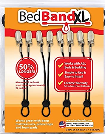 Bed Bandxl. Not Made in China. USA Worker Assembled. 50% Longer. Smooth Sheets on Any Bed. Bed Sheet Band, Holder, Gripper, Suspender, Strap. Sleep Better.