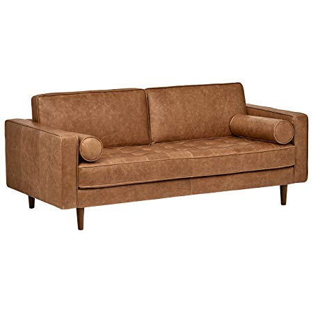 Rivet Aiden Tufted Mid-Century Leather Bench Seat Sofa, 74" W, Cognac