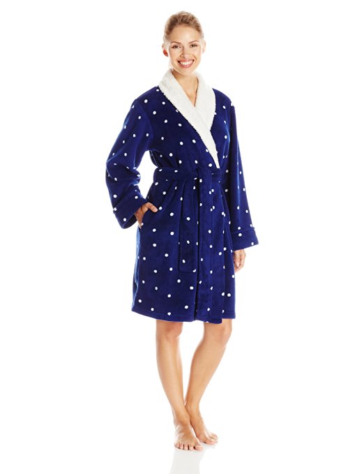 iRelax Women's Playful Dot Plush Short Robe with Shaggy Plush Trim