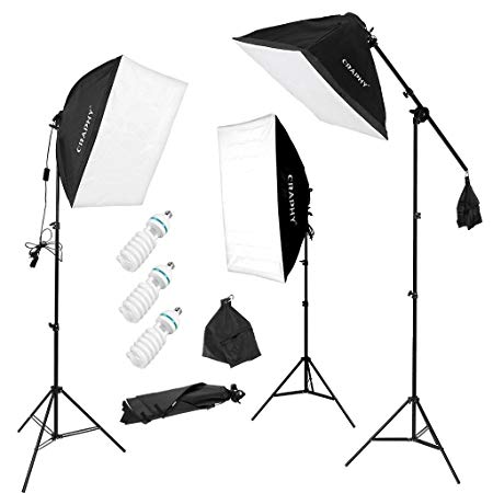 CRAPHY Professional 3x135w Photo Studio Softbox Lights Continuous Lighting Kit with Boom Arm for Photography - 135W 5500K Bulbs   20"x 25"Auto Pop-Up Softbox   80" Light Stand