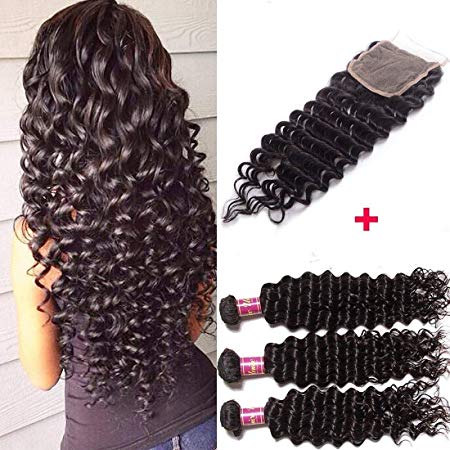 UNice Hair Icenu Series 8A Brazilian Deep Wave Virgin Hair 3 Bundles with 4x4 Lace Closure 100% Unprocessed Human Hair Extensions Weave Natural Color (14 16 18+12, Closure)