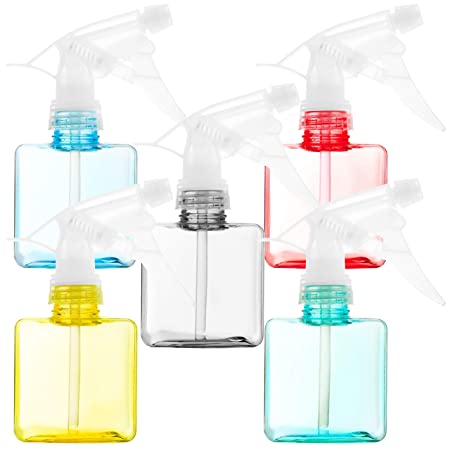 Youngever 5 Pack Empty Plastic Spray Bottles, Assorted Color Square Spray Bottles for Hair and Cleaning Solutions (8 Ounce)